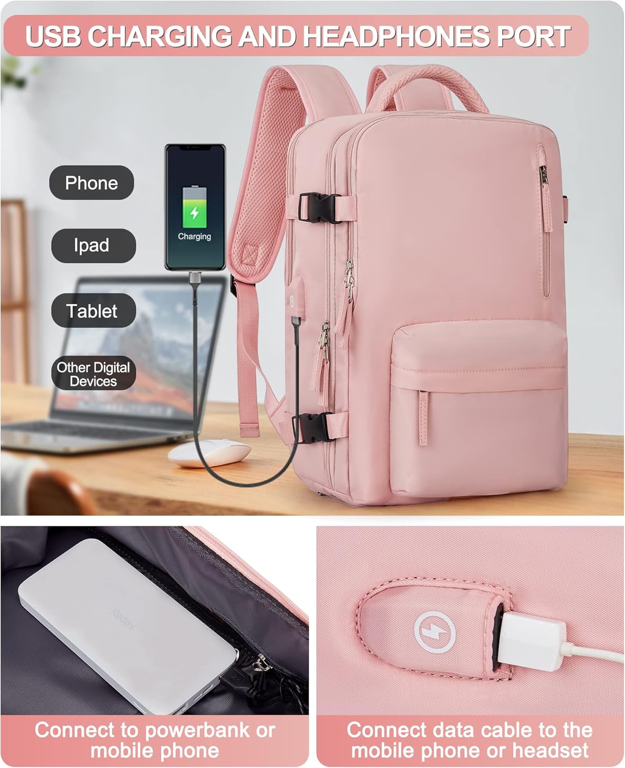 VGCUB Large Travel Backpack Bag for Women Men,Carry on Backpack,17 Inch Laptop Business Work Waterproof Backpack with Laptop Compartment,Person Item Flight Approved,Mochila de Viaje,Pink