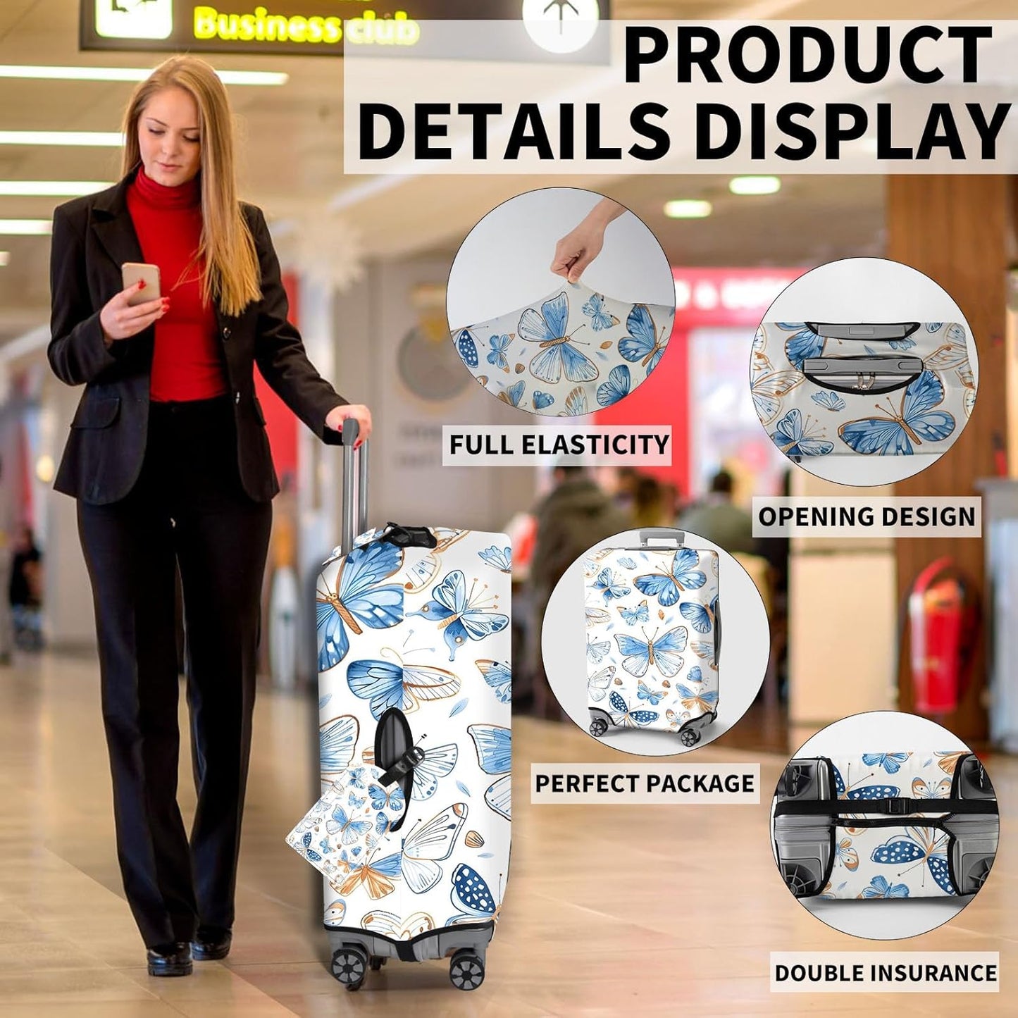 Travel Luggage Accessory Kit, Watercolor Butterflies Theme Suitcase Cover, Luggage Tag, Handle Wrap, Washable Zipper Close Luggage Protector (18-20 inch, S)