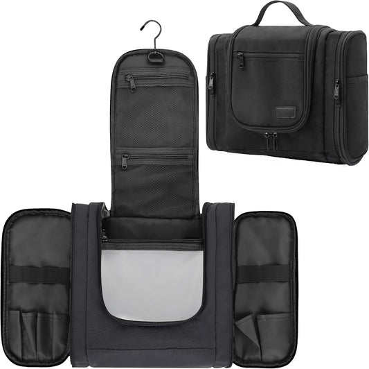 Hanging Toiletry Bag for Men and Women, Travel Makeup with Metal Swivel Hook, Large Organizer for Full Sized Cosmetics and Toiletries, Water-Resistant Nylon, Black
