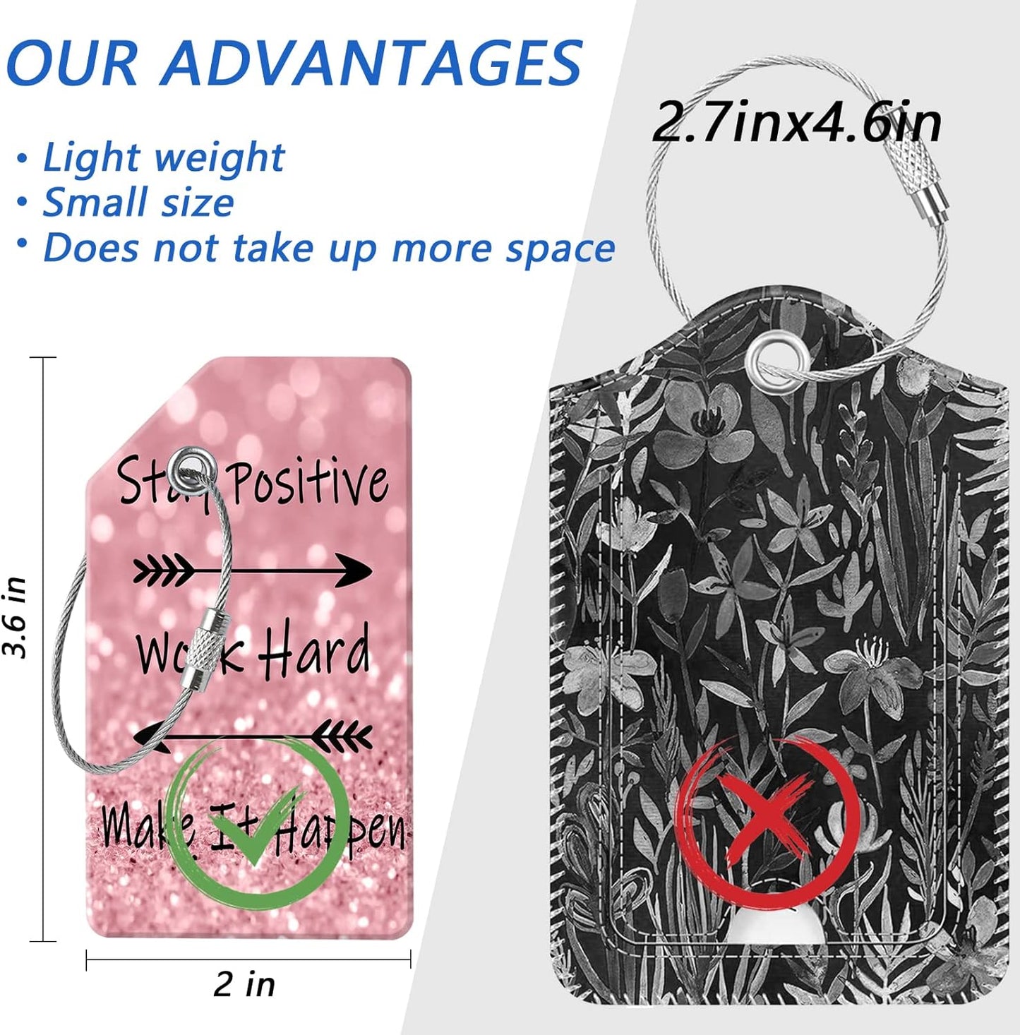 2 Luggage Tags, (1" Smaller Than Traditional) Perfect for Quick Luggage Identification with Stainless Steel Ring and Address Card for Travel and Luggage (Encouraging English)