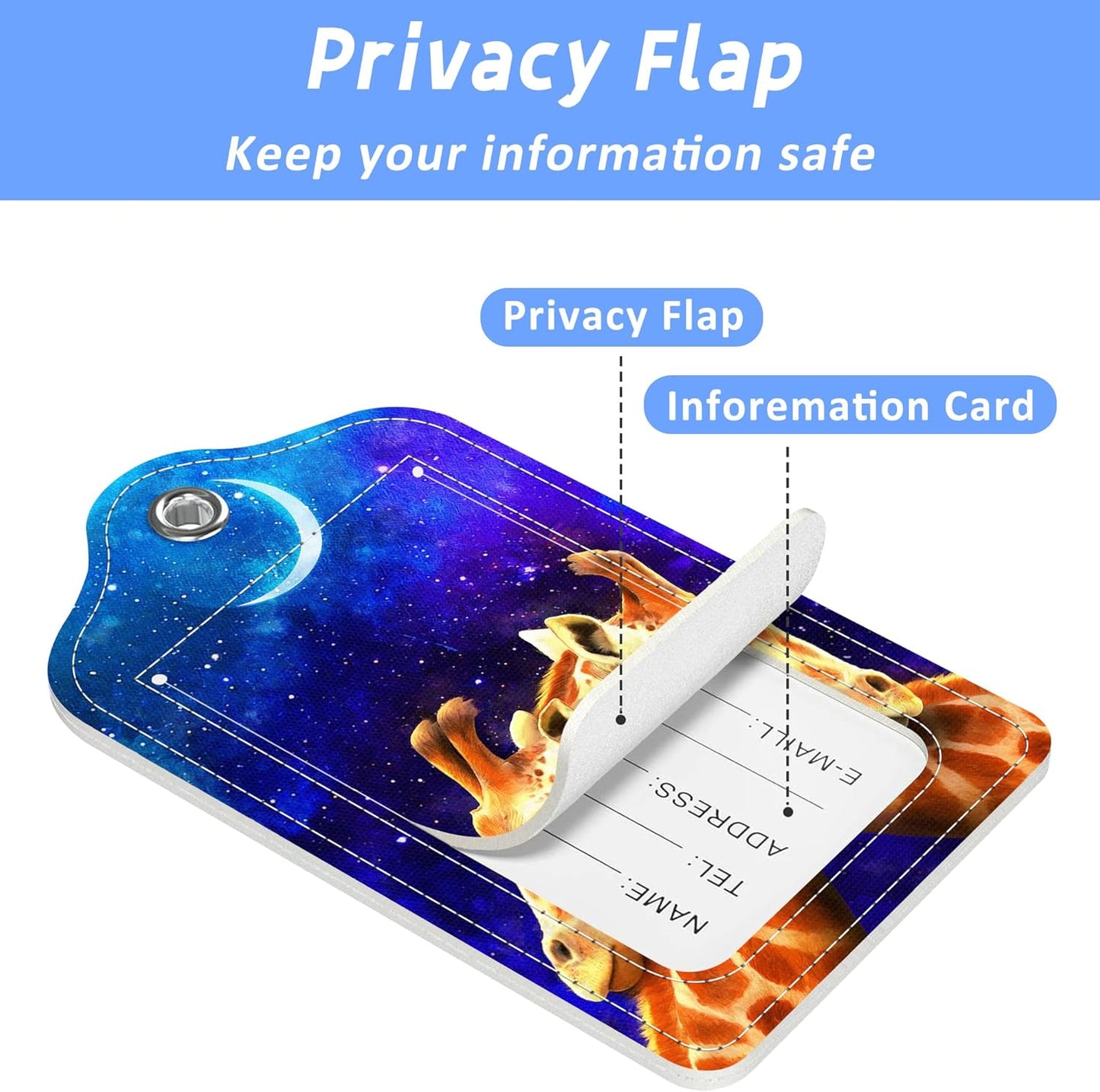 Set of 2 Luggage Tags Couple Giraffe at Galaxy Sky Leather Suitcases Tag with Privacy Cover Stainless Steel Loop and Address Card for Women Men Travel