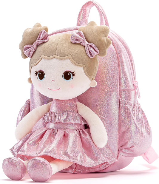 Lazada Toddler Backpack - Baby Girl Gifts Curly Fingerprints Plush Doll Dress Backpack - Fashion Girls Curly Rolled Fingerprints Series - Apricot Pink 11 Inches
