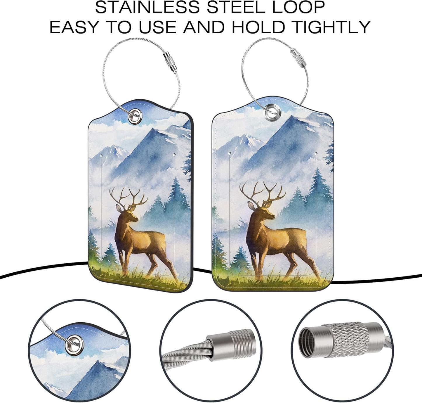 2 Pack Luggage Tags for Suitcase,Mountains and Deer PU Leather Idea Baggage Tag with Name Labels Privacy Cover Metal Ring Men and Women Travel Cruise Labels