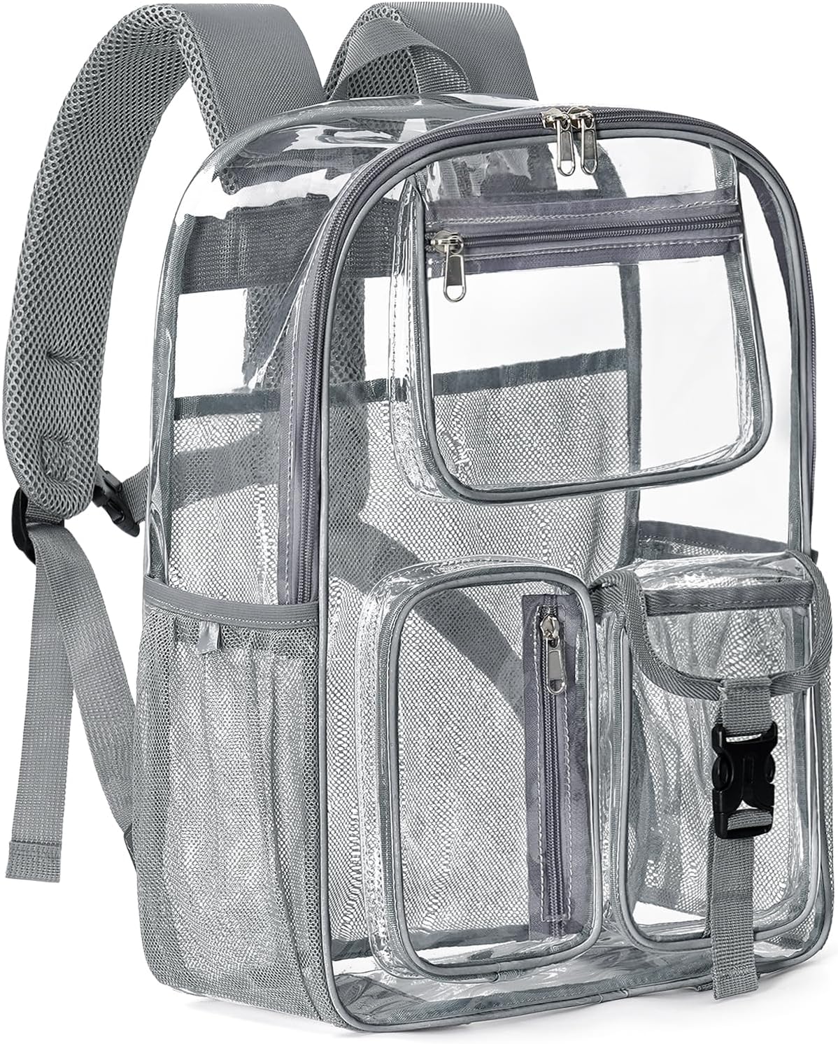 Heavy Duty Clear Backpack For School, 17 Inch Large Clear Bookbag For Kids Boys Girls Women Men, 360° 3M Reflective Strips See Through Backpack, Multi-Pockets Tranparent Bag, College Work, Grey