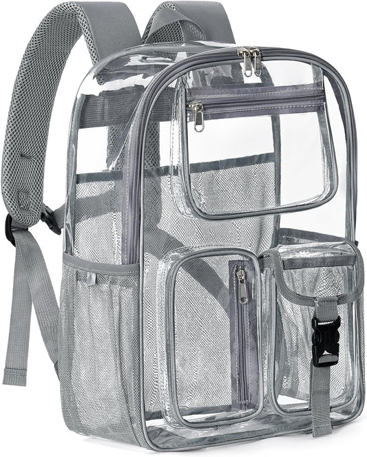 Heavy Duty Clear Backpack For School, 17 Inch Large Clear Bookbag For Kids Boys Girls Women Men, 360° 3M Reflective Strips See Through Backpack, Multi-Pockets Tranparent Bag, College Work, Grey