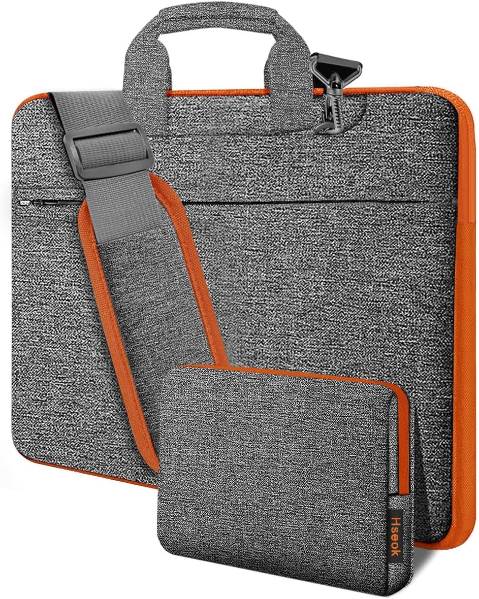 Hseok Laptop Shoulder Bag 15.6-16 inch Case, Durable Shockproof Protective Computer Carrying Briefcase with Multi-Pockets and Strap Compatible with Most 15 15.6 16 inch Notebooks,Dark gray-orange