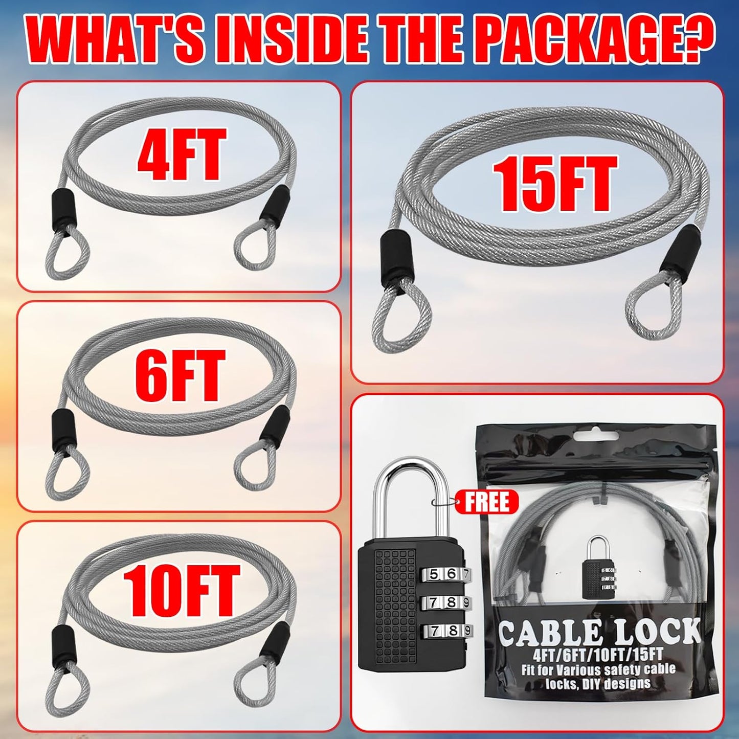 4FT/6FT/10FT/15FT Cable Locks with Combination 1/8 inch Security Cable with Loops for Fence Luggage Gym Locker Cabinet