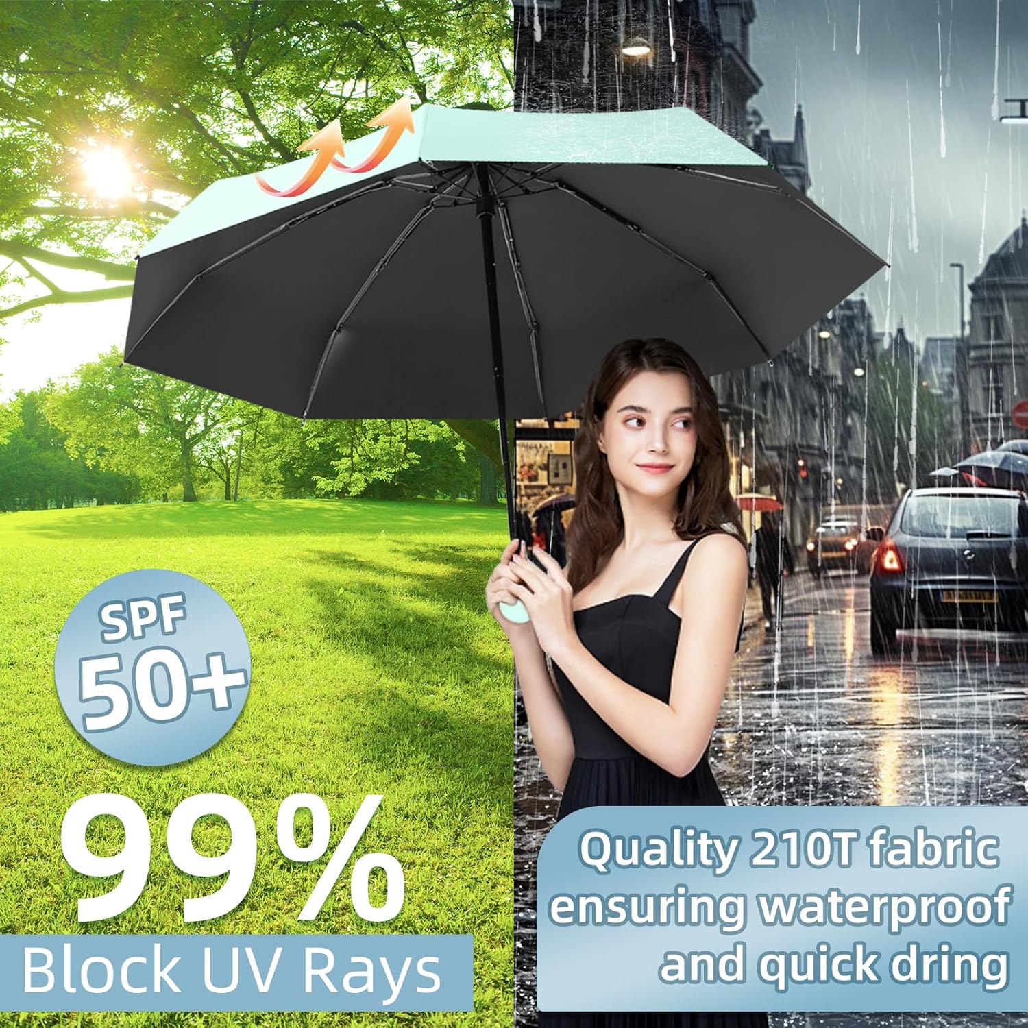 Travel Mini Folding Compact Umbrella with Case, 8 Ribs Lightweight Portable, Small Sun & Rain