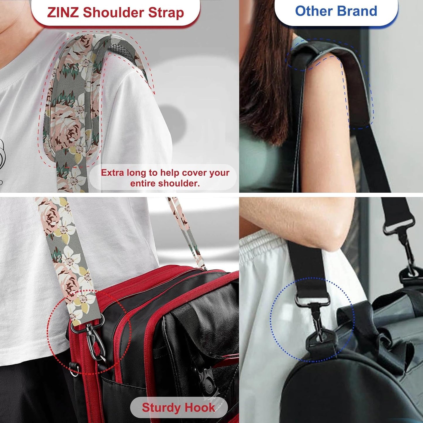 ZINZ Shoulder Strap - 59 Inch Universal Heavy-duty Adjustable Strap with Ultra-thick Fixed Breathable Pad for Laptop, Gym, Camera Bag and More -Gray Rose