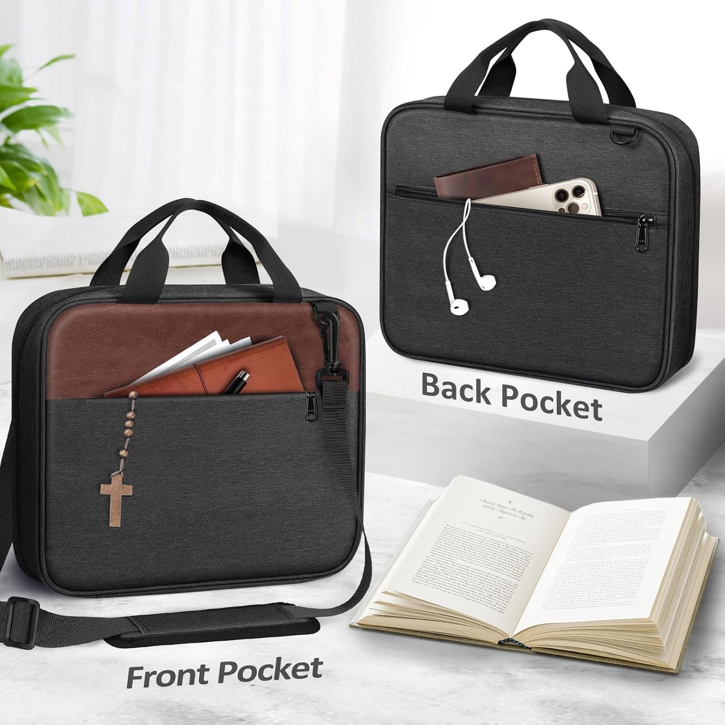 FINPAC Large Bible Cover, Carrying Book Case Church Bag Bible Protective with Zippered Pocket and Handle, Gift for Men Women