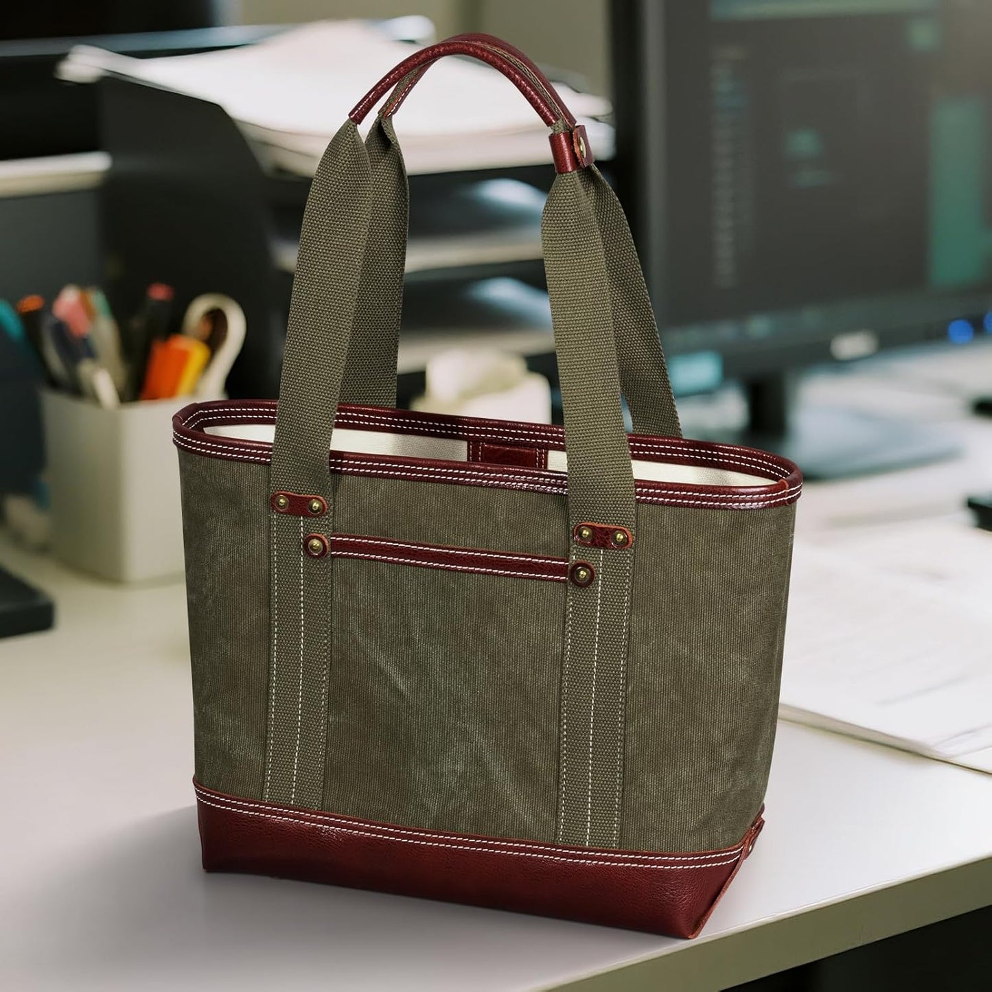 Tote Bag for Women, Canvas with Leather Handbag for Travel, Magnetic Closure,Inner Zipper Pocket