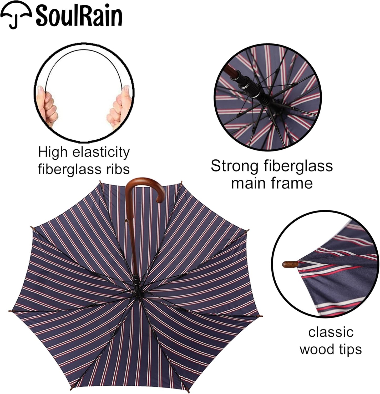 SoulRain 48" Arc Classic Wood Handle Umbrella Auto Open Windproof clear Unbreakable Stick Rain Umbrella (Elegant Stripes)