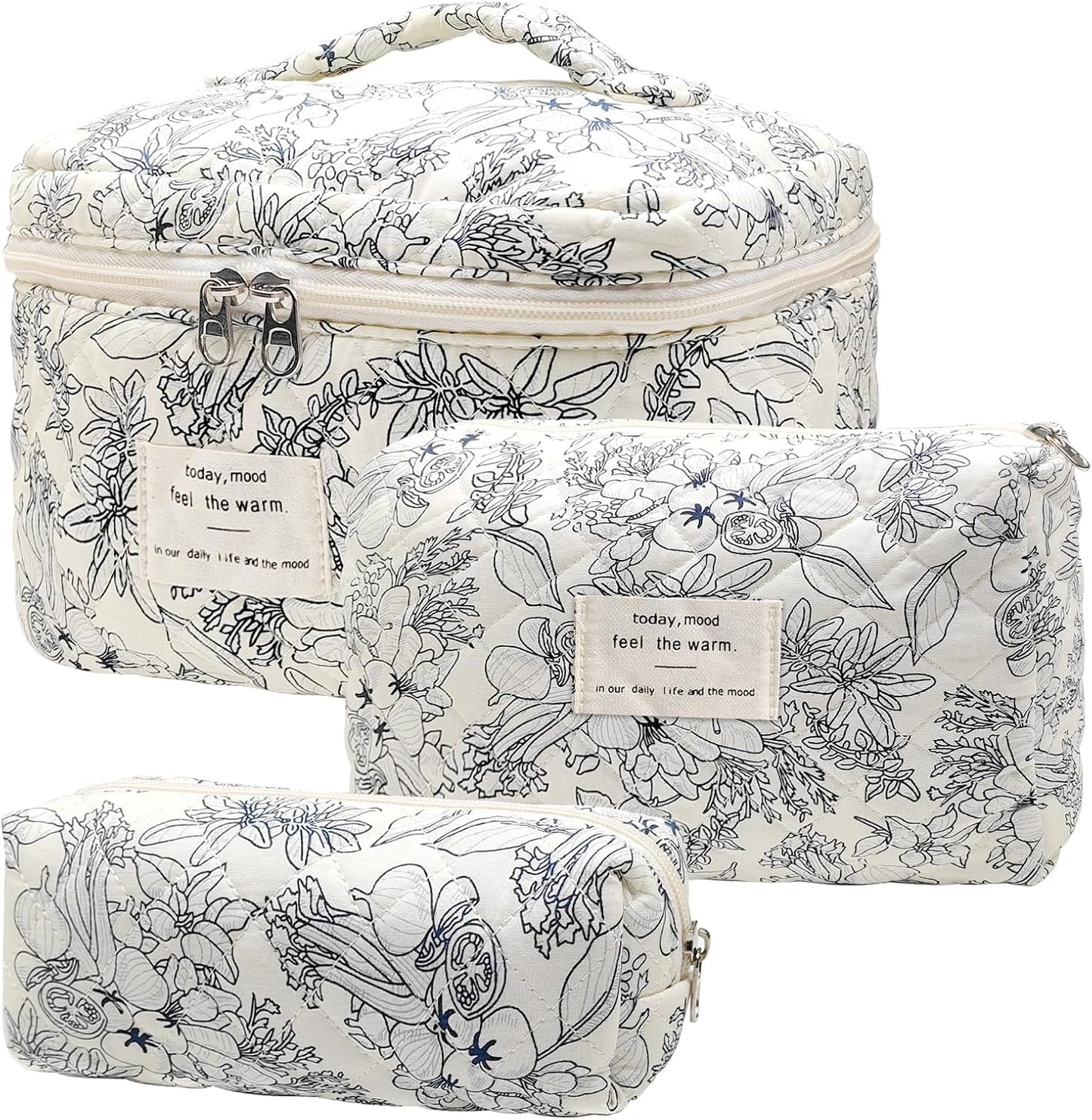 Quilted Makeup Bag, Large Capacity Travel Cosmetic Bag for Women and Girls, Aesthetic Storage for Daily and Travel Use (3pcs-BlackFloral)