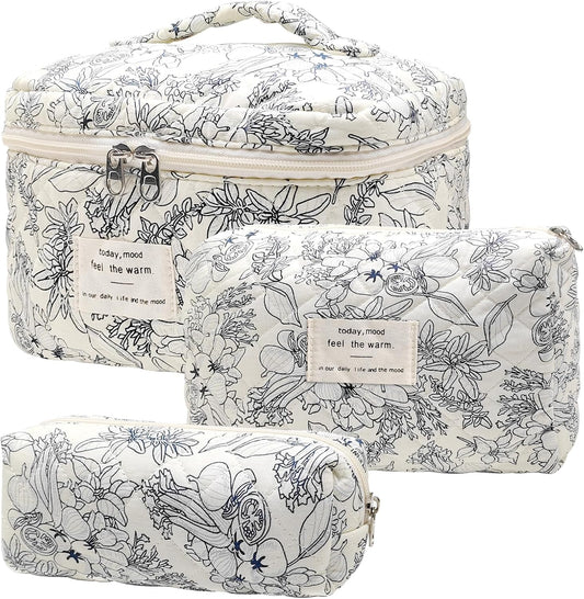 Quilted Makeup Bag, Large Capacity Travel Cosmetic Bag for Women and Girls, Aesthetic Storage for Daily and Travel Use (3pcs-BlackFloral)