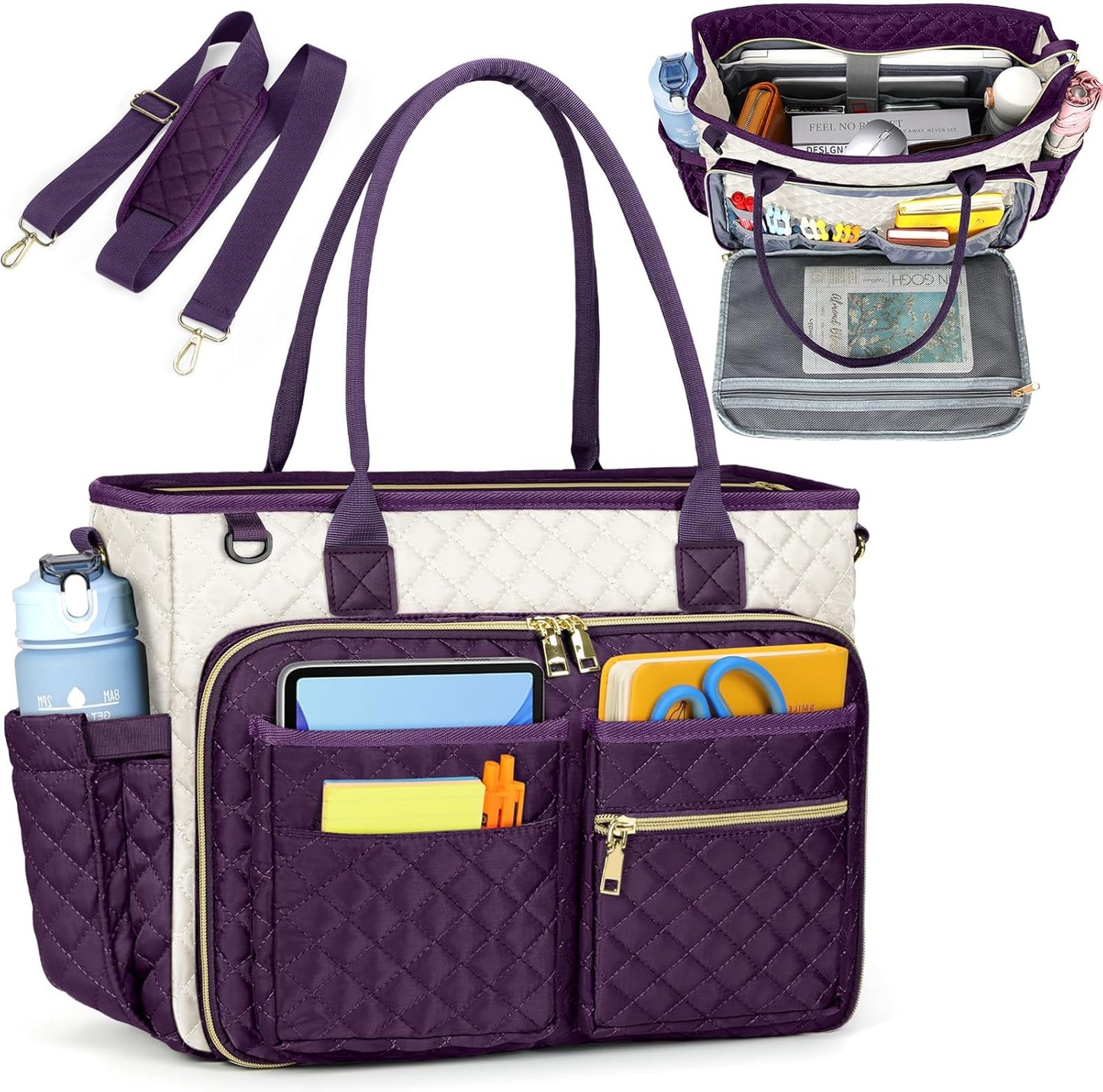 RAINSMORE Teacher Tote Bag 15.6 inch Laptop Bag for Women Work Bags Laptop Tote Nurse Bag Professional Computer Messenger with Insulated Pocket, Laptop Briefcase for Office, College, Purple-white