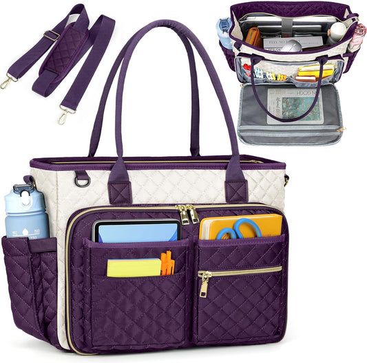 RAINSMORE Teacher Tote Bag 15.6 inch Laptop Bag for Women Work Bags Laptop Tote Nurse Bag Professional Computer Messenger with Insulated Pocket, Laptop Briefcase for Office, College, Purple-white