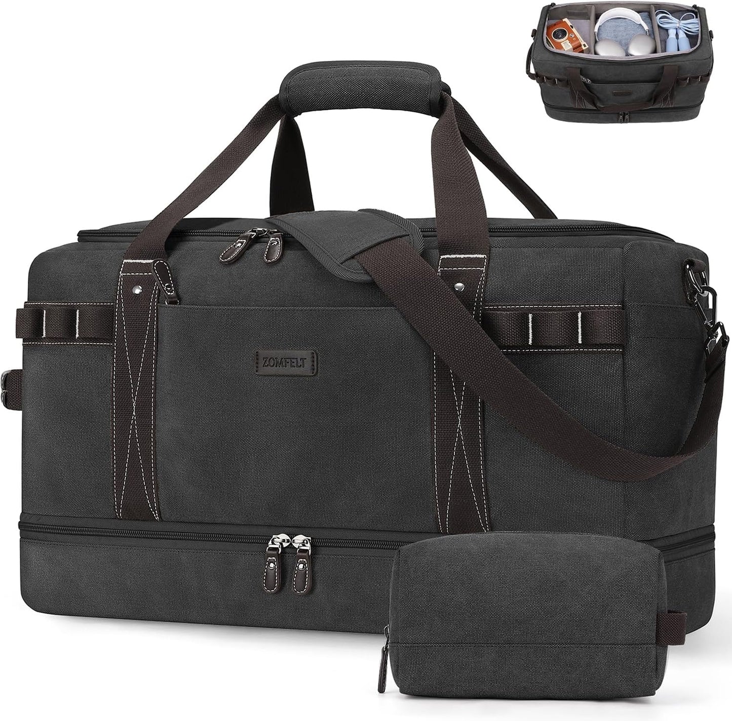 ZOMFELT Travel Duffle Bag for Men, 55L Waterproof Canvas Overnight Duffel Bag with Removable Dividers & Shoe Compartment, Carry On Weekender Gym bag, Multi-Pocket & Vintage Design (Washed Black)