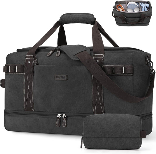ZOMFELT Travel Duffle Bag for Men, 55L Waterproof Canvas Overnight Duffel Bag with Removable Dividers & Shoe Compartment, Carry On Weekender Gym bag, Multi-Pocket & Vintage Design (Washed Black)