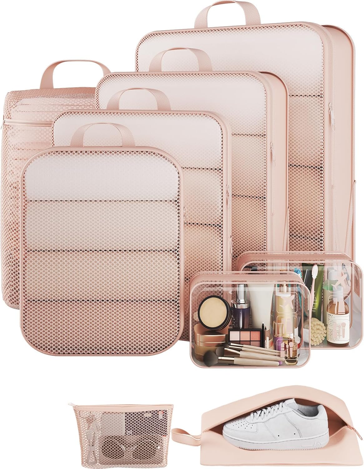 Veken 9/11 Set Compression Packing Cubes for Travel Essentials,Compressible Expandable Large Luggage Suitcase Organizer Bags for Clothing,Durable Space Saver Storage Bags with Toiletry Bags(Beige)