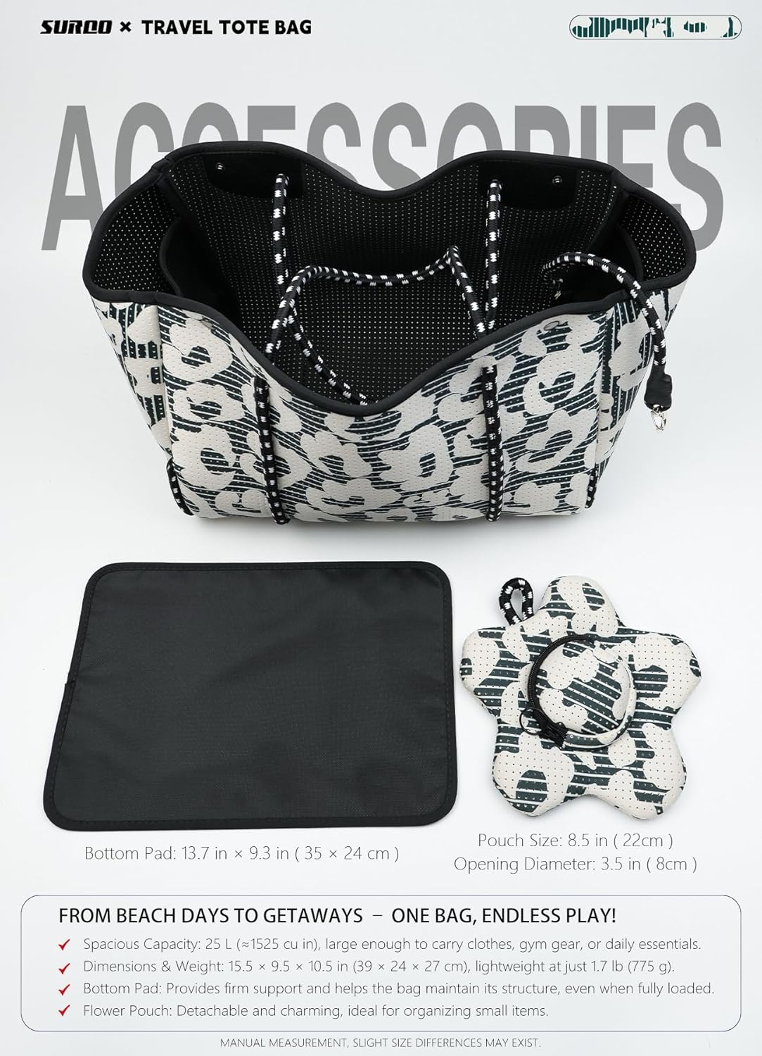 Neoprene Beach Bag for Women, Large Travel Tote Gym & Pool Bag, Detachable Pouch