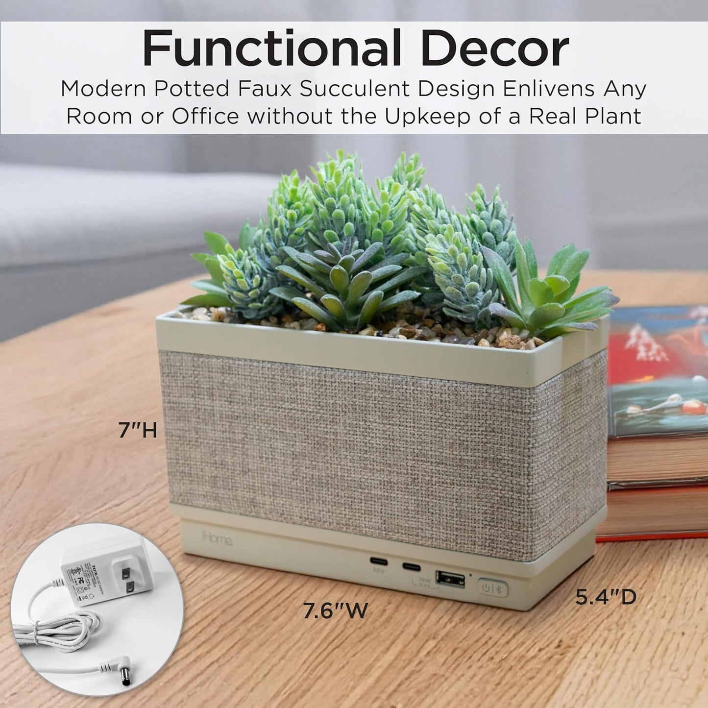 iHome PowerPlant Charging Station with Bluetooth Speaker, Faux Succulent with USB Charging Station for iPhone, Android, and More (iPP60)