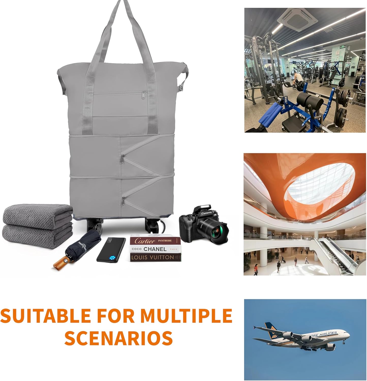 Finnhomy 50L Expandable Rolling Duffel Bag with Wheels Foldable Duffel Bag for Travel Carry on Bag with Wheels Luggage Travel bag Detachable Wheel Duffel Bag for Shopping Travel Outdoor, Grey
