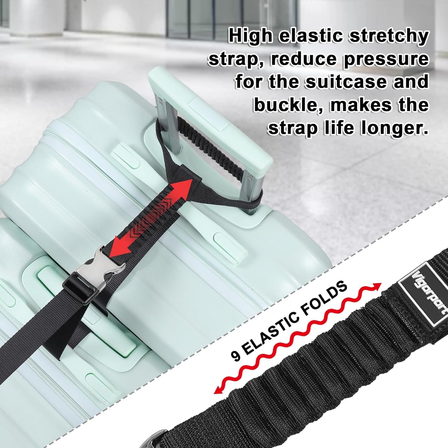 Vigorport Luggage Straps, Metal Luggage Connector Straps for Suitcases, Stretchable Add A Bag Adjustable Attachment Accessories Belts (Black, Large)