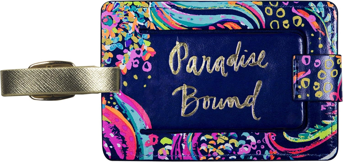 Lilly Pulitzer Leatherette Luggage Tag with Secure Strap, Colorful Suitcase Identifier for Travel