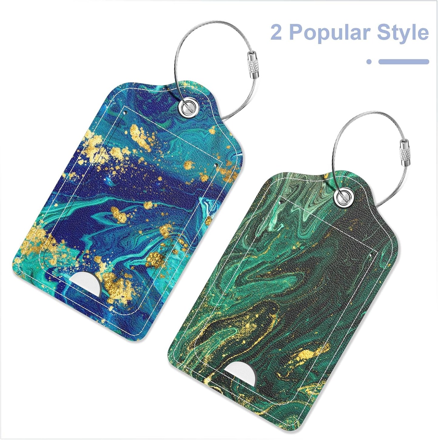 2 Pack PU Leather Luggage Tags for Suitcase, Travel Cruise Luggage Tag with Privacy Flap, Name ID Label and Metal Loop for Women Men Baggage Handbag School Bag Backpack, Green Marble