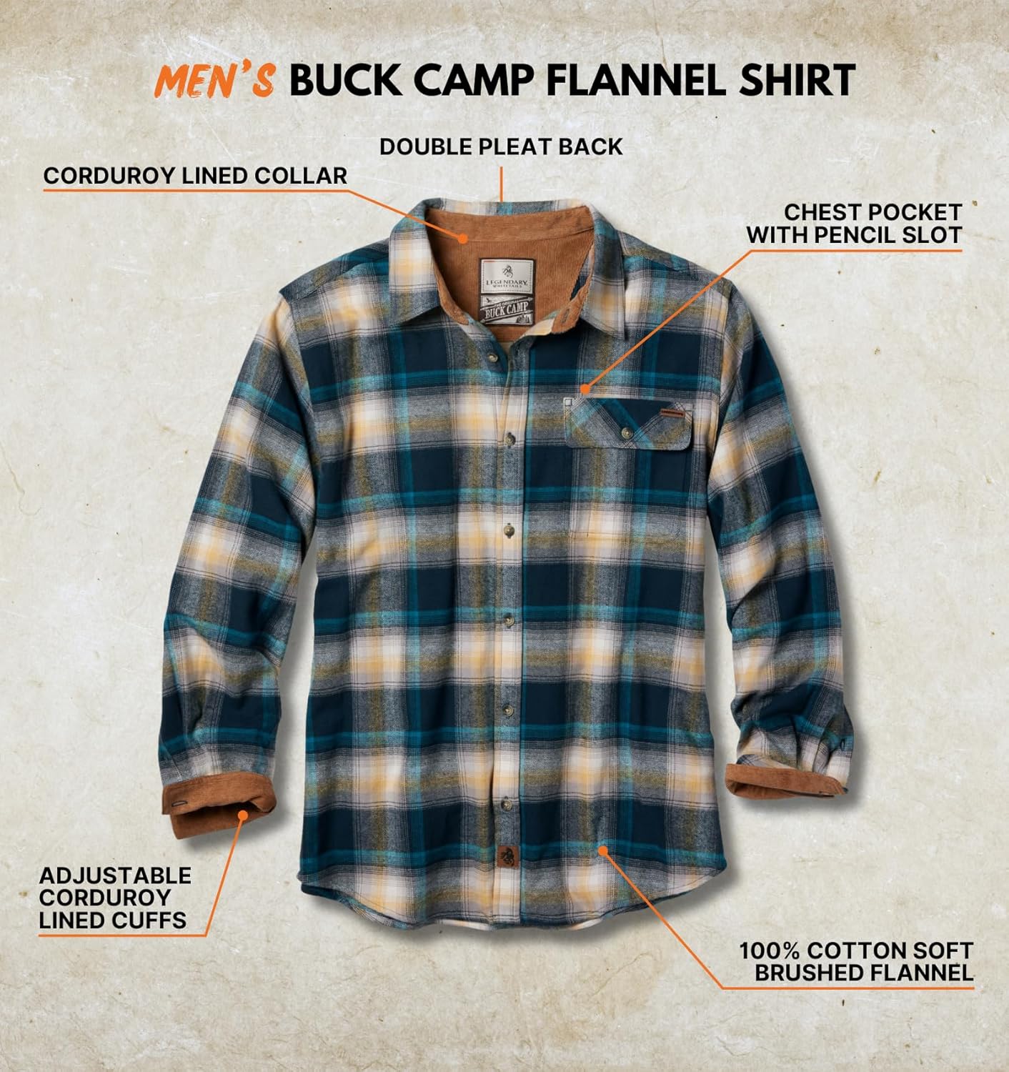Legendary Whitetails Men's Flannel Shirt Long Sleeve Button Down 100% Cotton