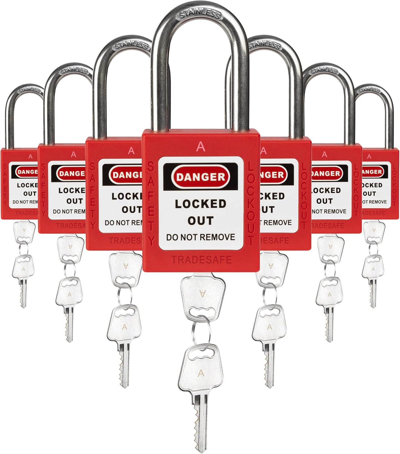 TRADESAFE Lockout Tagout Locks Set, 7 Red Keyed Alike Unlimited Grouping Safety Padlocks, 2 Keys Per Lock, OSHA Compliant Loto Locks for Lock Out Tag Out Kits