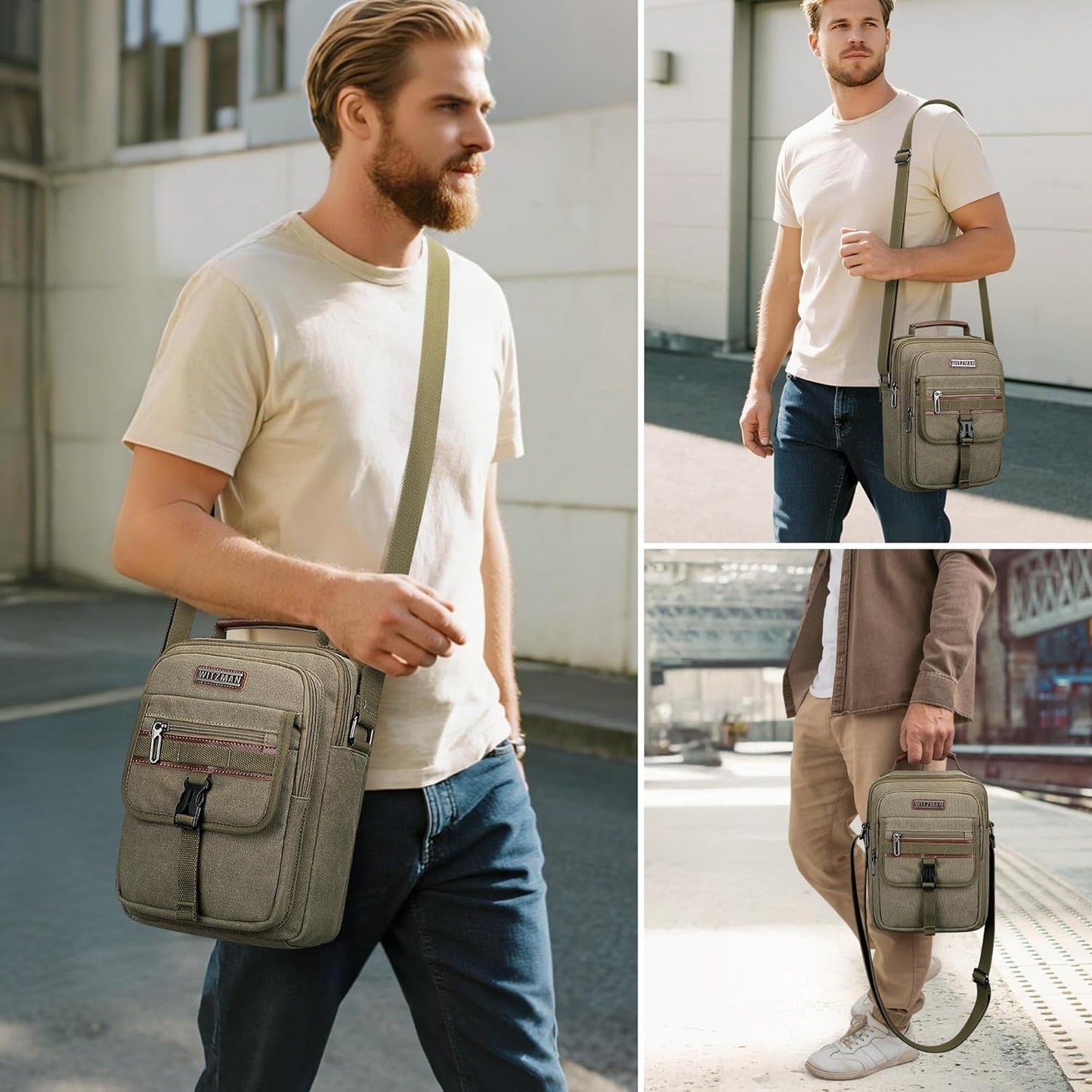 WITZMAN Crossbody Bag for Men Canvas Messenger Bags Vintage Man Purse Small Casual Shoulder Bag for Work Traveling