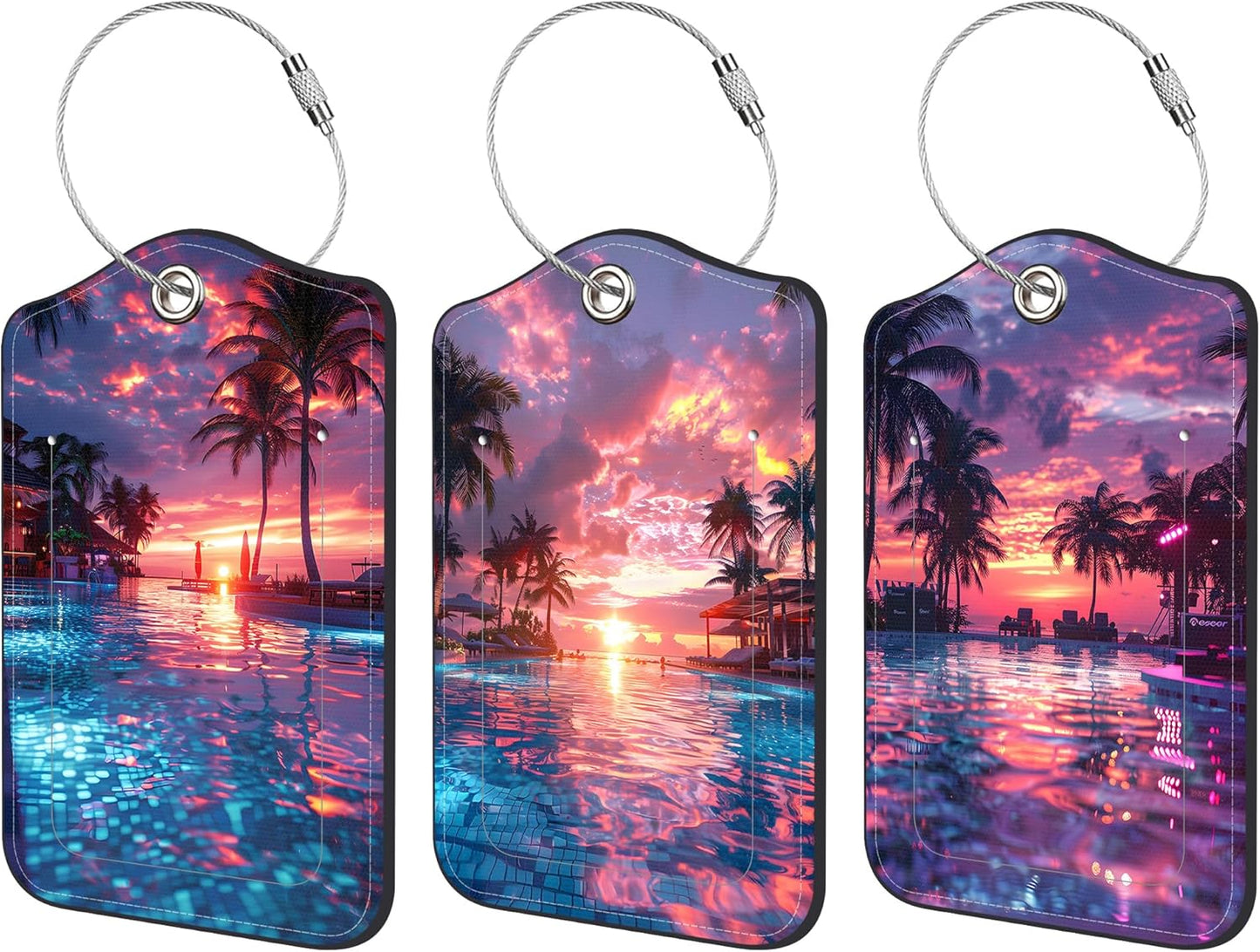 3 Pack PU Leather Luggage Tag for Suitcase Sunset Palm Tree Swimming Pool Suitcase Tags with Privacy Name ID Label and Stainless Steel Loop for Travel Bag