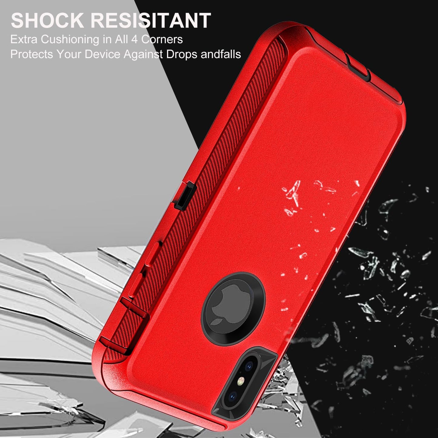 for iPhone Xs Max Case, Military Grade 3 in 1 Heavy Duty Shockproof/Drop Proof/Dust Proof Case with 2Pcs Tempered Glass Screen Protector (Red/Black)