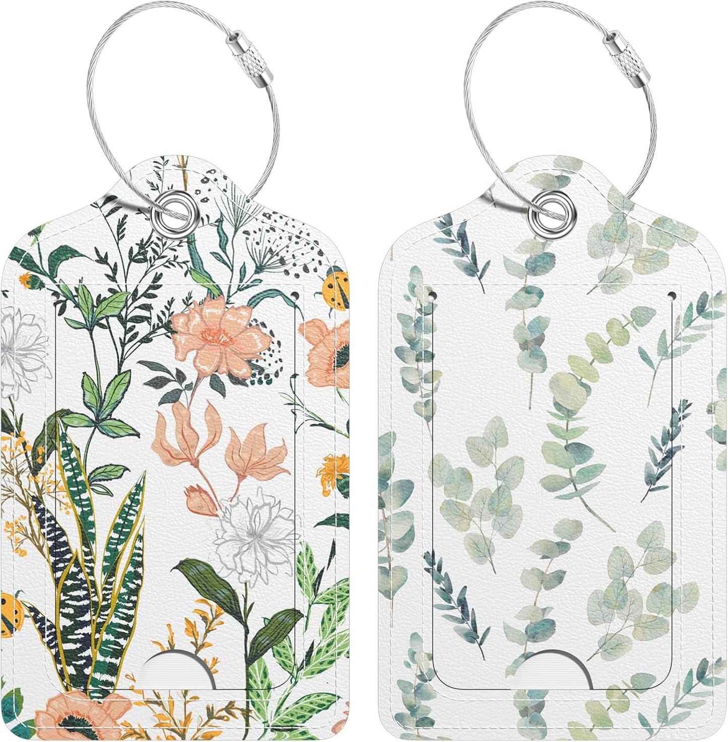 2 Pack PU Leather Luggage Tags for Suitcase, Travel Cruise Luggage Tag with Privacy Flap, Name ID Label and Metal Loop for Women Men Baggage Handbag School Bag Backpack, Flower Leaves