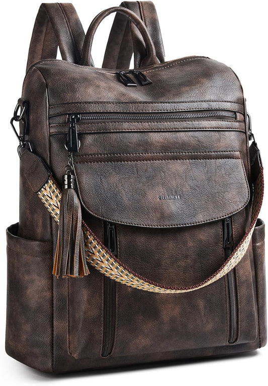 Shrrie Laptop Backpack for Women 15.6 inch,Travel Leather Backpack Purse Nurse Teacher Carry on Backpack Computer Bag,Professional Water-Resistant College Business Work Casual Daypack,Two-toned Coffee