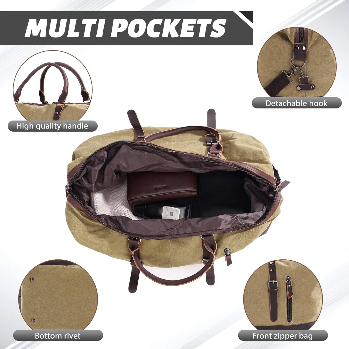 Weekender Travel Bag for Men & Women, Large Overnight Duffle Carry On Bag with Easy-Grip Handles, Gym Tote for Work, Weekend Trips, Sports (Khaki)