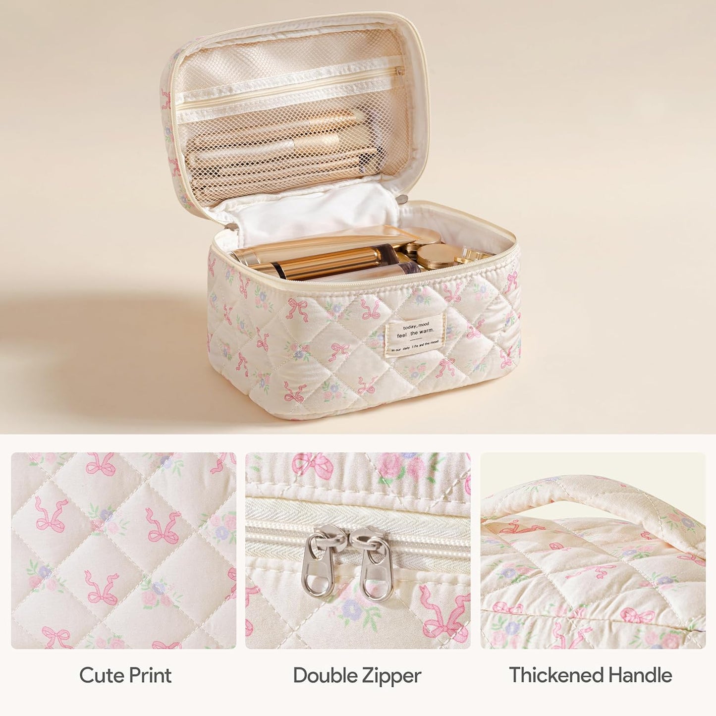 HBselect Quilted Makeup Bag, 3PCS Cotton Large Travel Makeup Bag, Cute Floral Coquette Make up Bag Cosmetic Bag Toiletry Bag for Women Girls