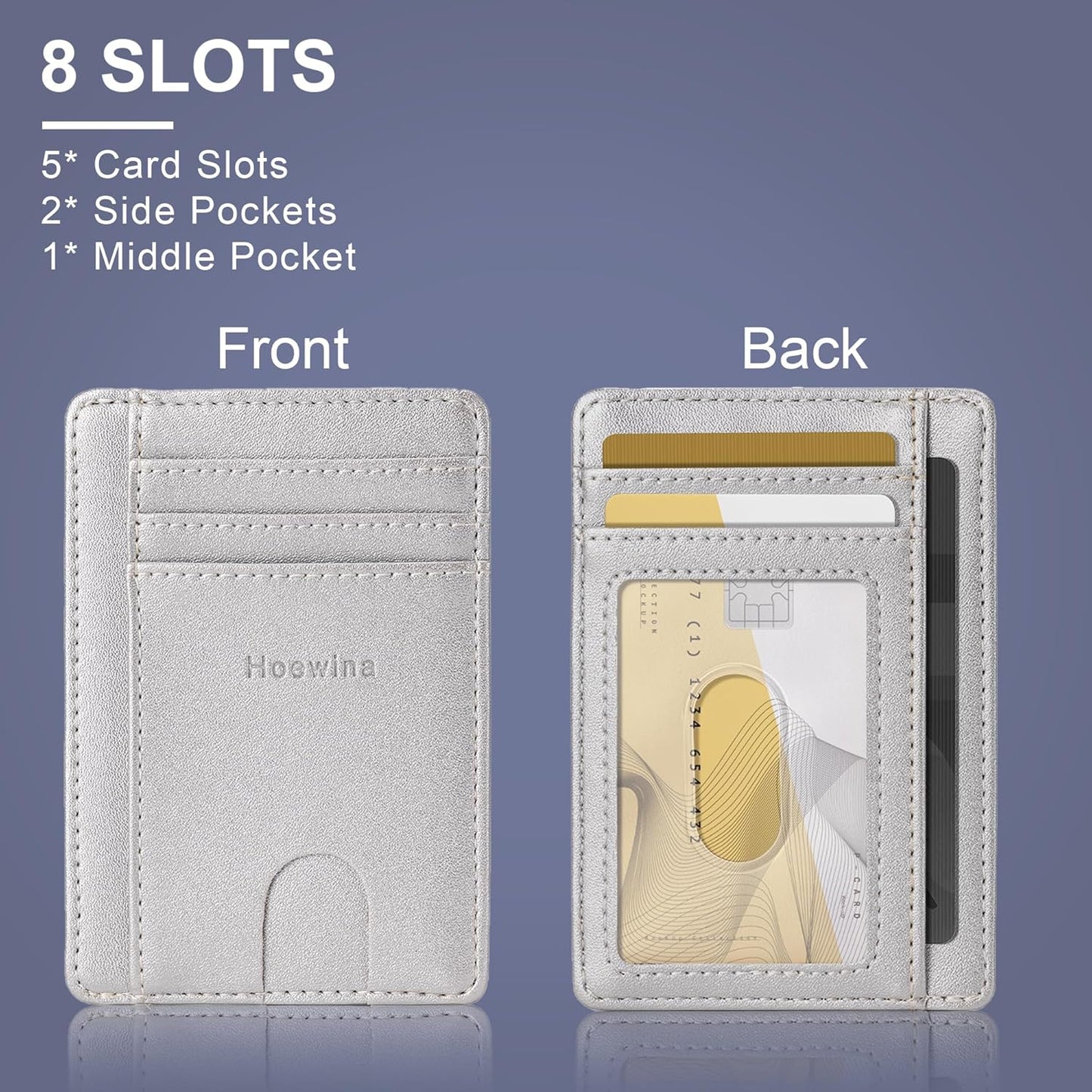 Hoewina Slim Wallet for Men, Credit Card Holder Wallet, Minimalist Design - RFID Blocking Front Pocket Leather Thin Wallet for Men and Women(Sand Silver)