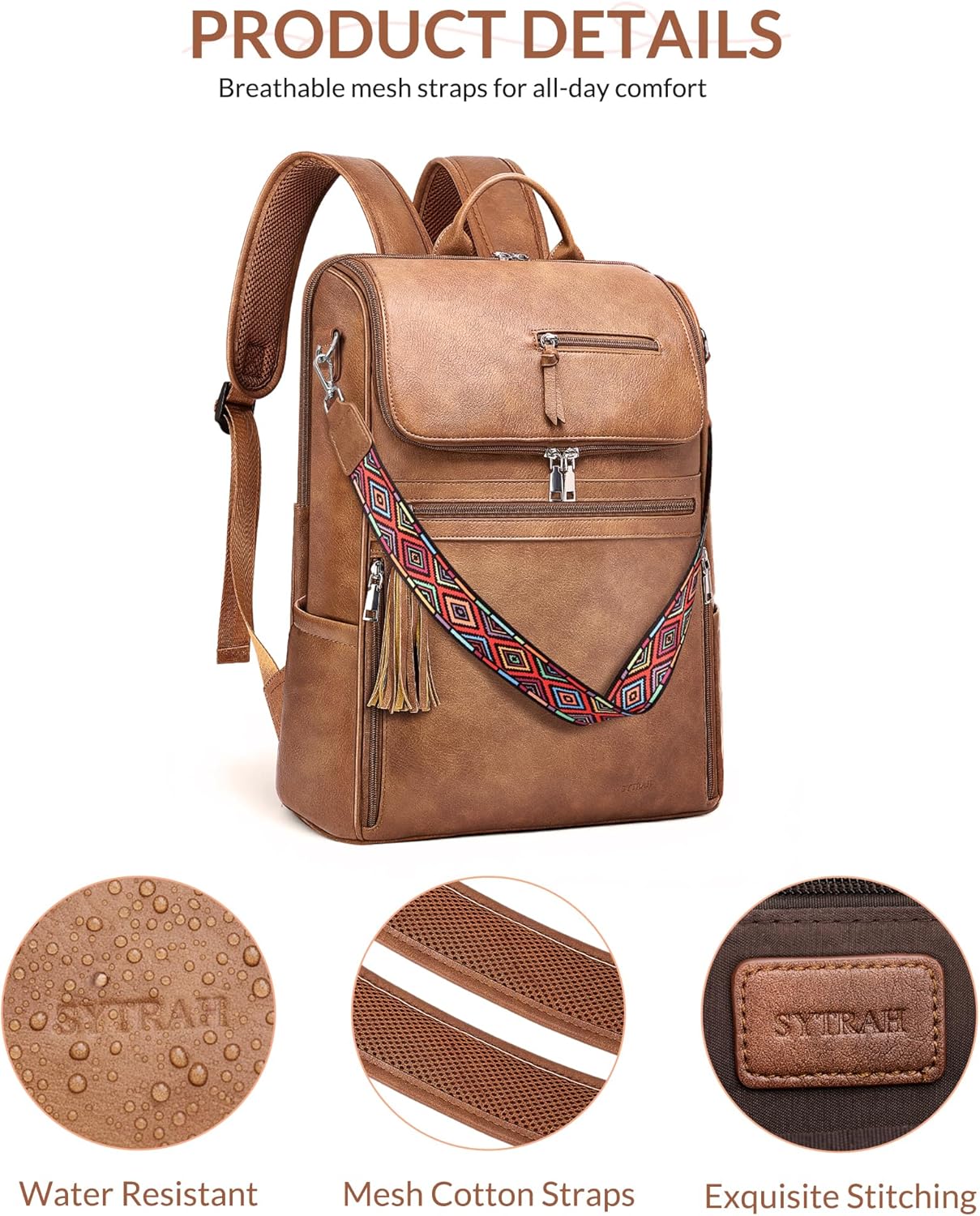 Leather Laptop Backpack for Women Designer Laptop Bag, 16.5 inch Travel Computer Backpacks Purse with Tassel for Work Business with Satchel Purse Brown