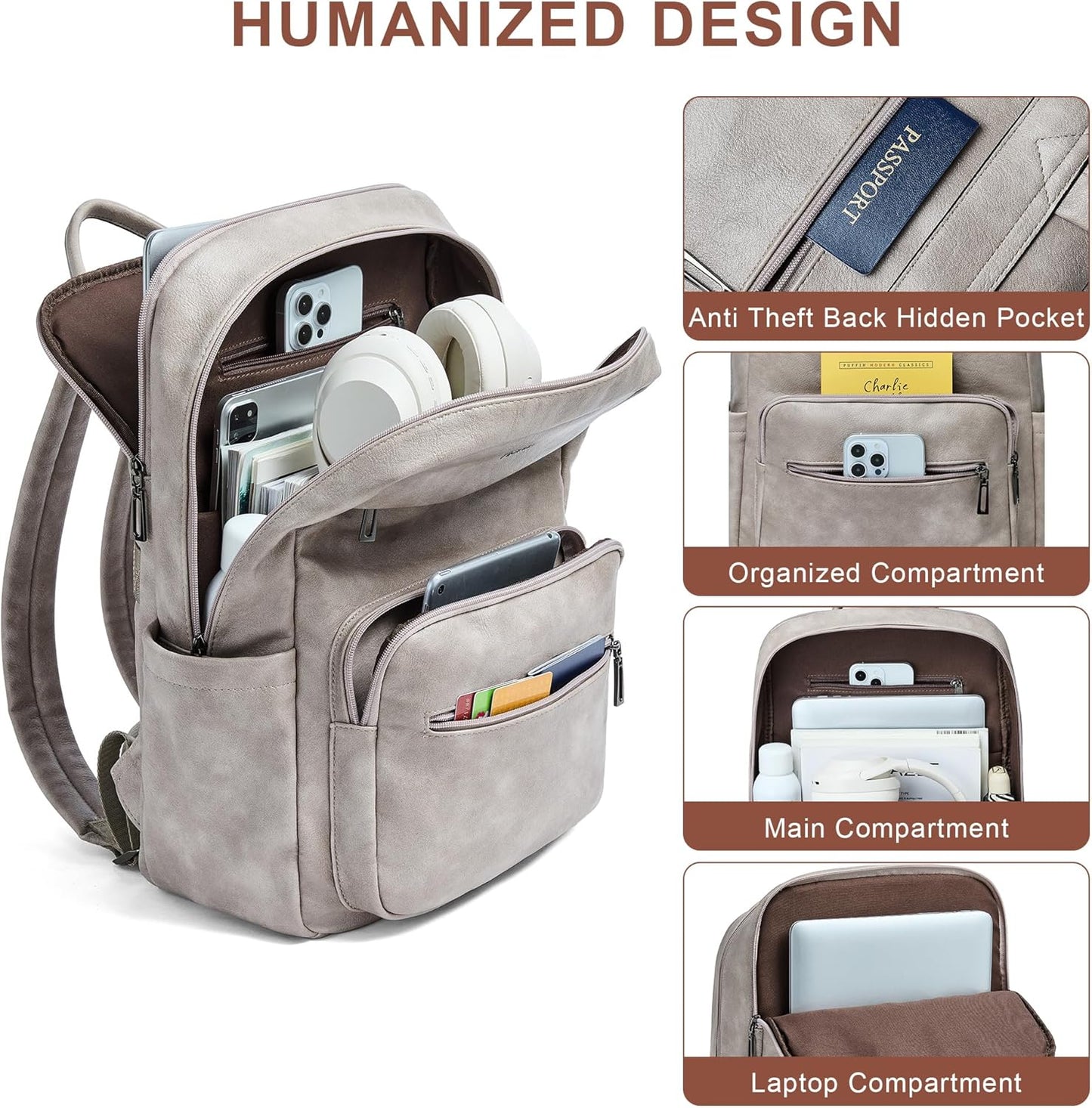 Leather Laptop Backpack for Women 15.6 Inch Laptop Travel Backpack Purse Casual Daypack with Laptop Compartment for College Work Nurse Business Weekender, Grey
