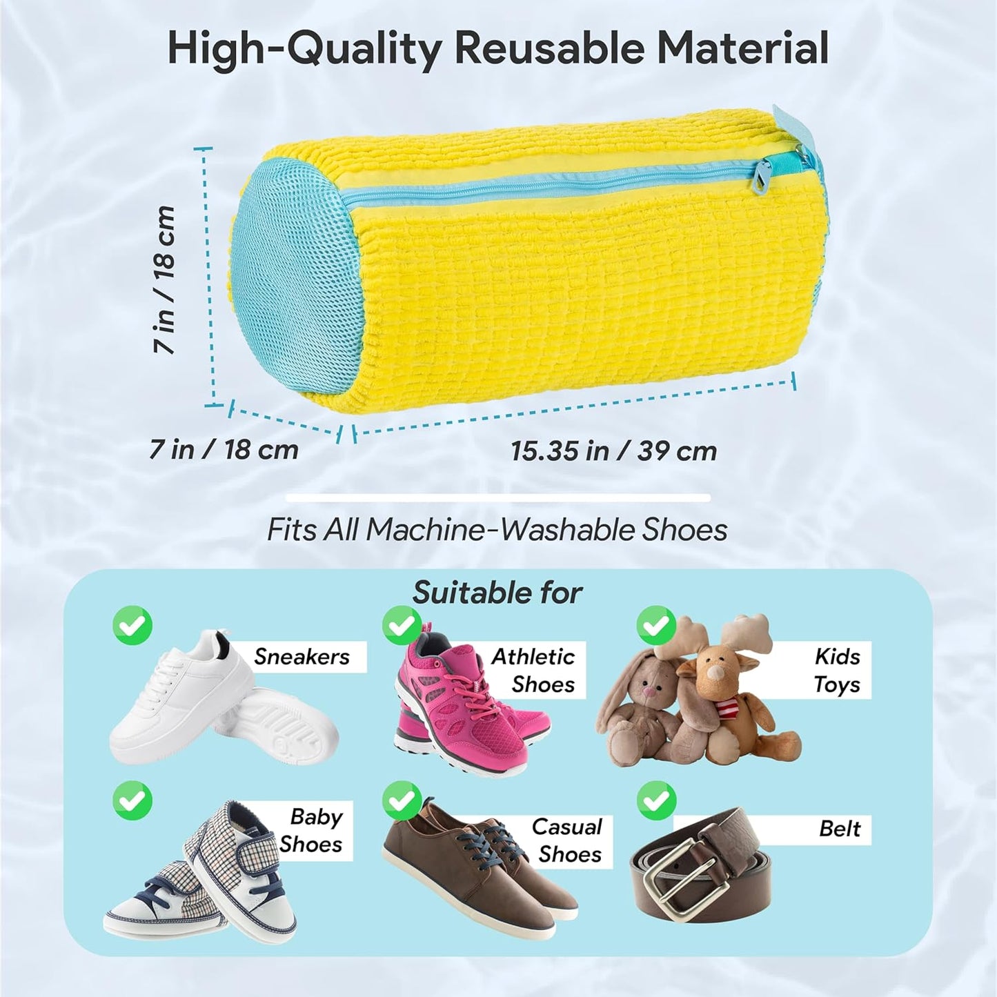 Shoe Washing Machine Bag – 2 Pcs Reusable Shoe Washing Bag with Brush & Shoe Trees, 360° Deep Cleaning Durable Sneaker Washing Machine Bag, Fits All Shoe Types & Sizes (Yellow, 14.8 × 7.4 Inches)