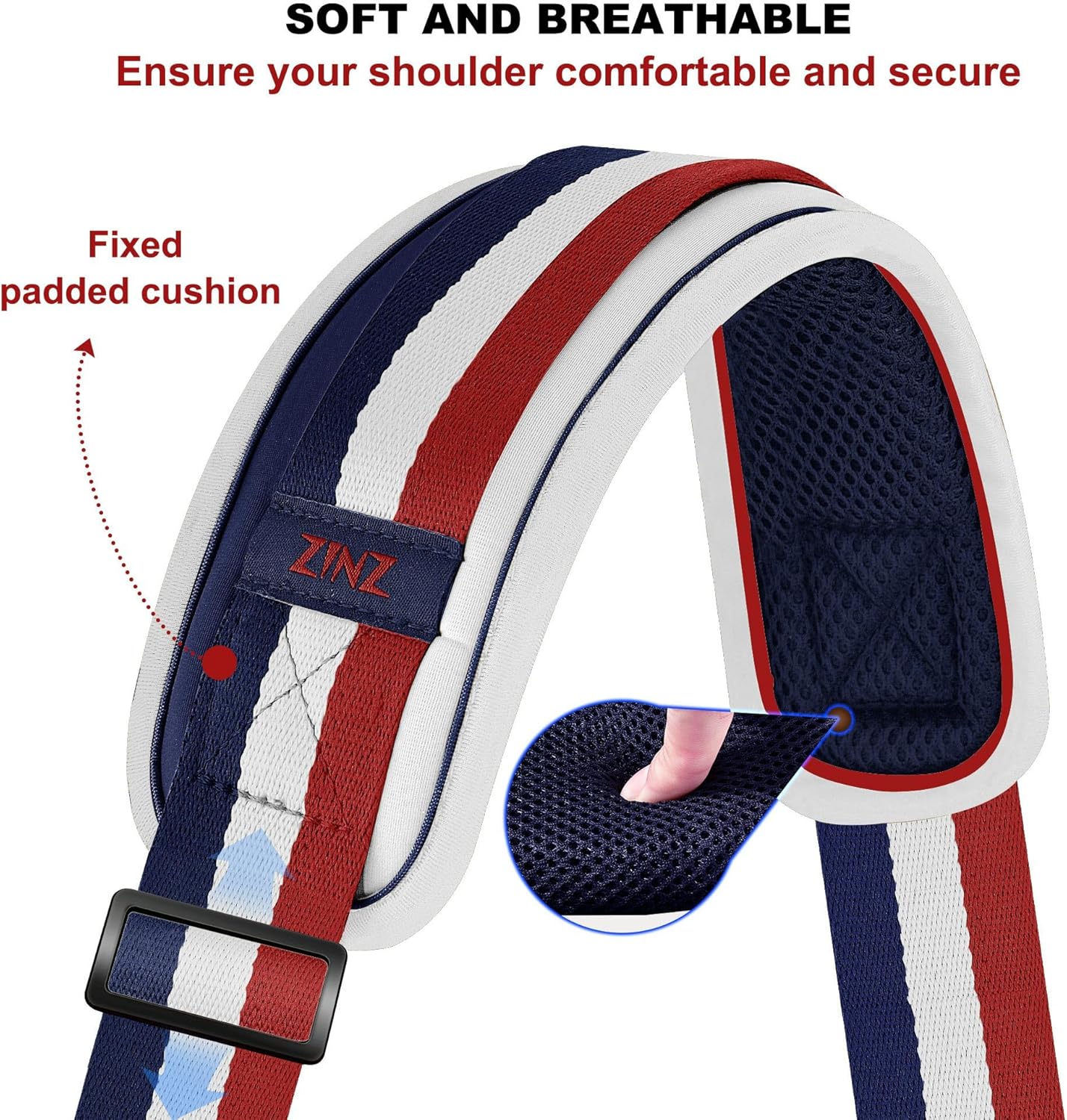 ZINZ 59-Inch Universal Shoulder Strap with Ultra-Thick Fixed Breathable Pad - Adjustable Heavy-Duty for Laptop, Crossbody, Gym, Camera Bags and More - Stripe-BWR