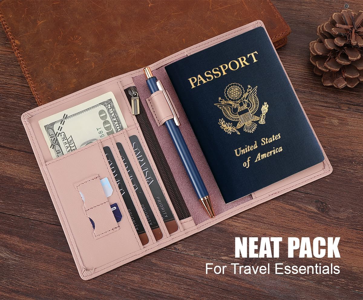 STAR VISTA Phoenix Leather Passport Holder, Calfskin Travel Wallet - RFID Blocking, ID Window, Zipper Pocket, Pen & Notebook Included, Pale Pink
