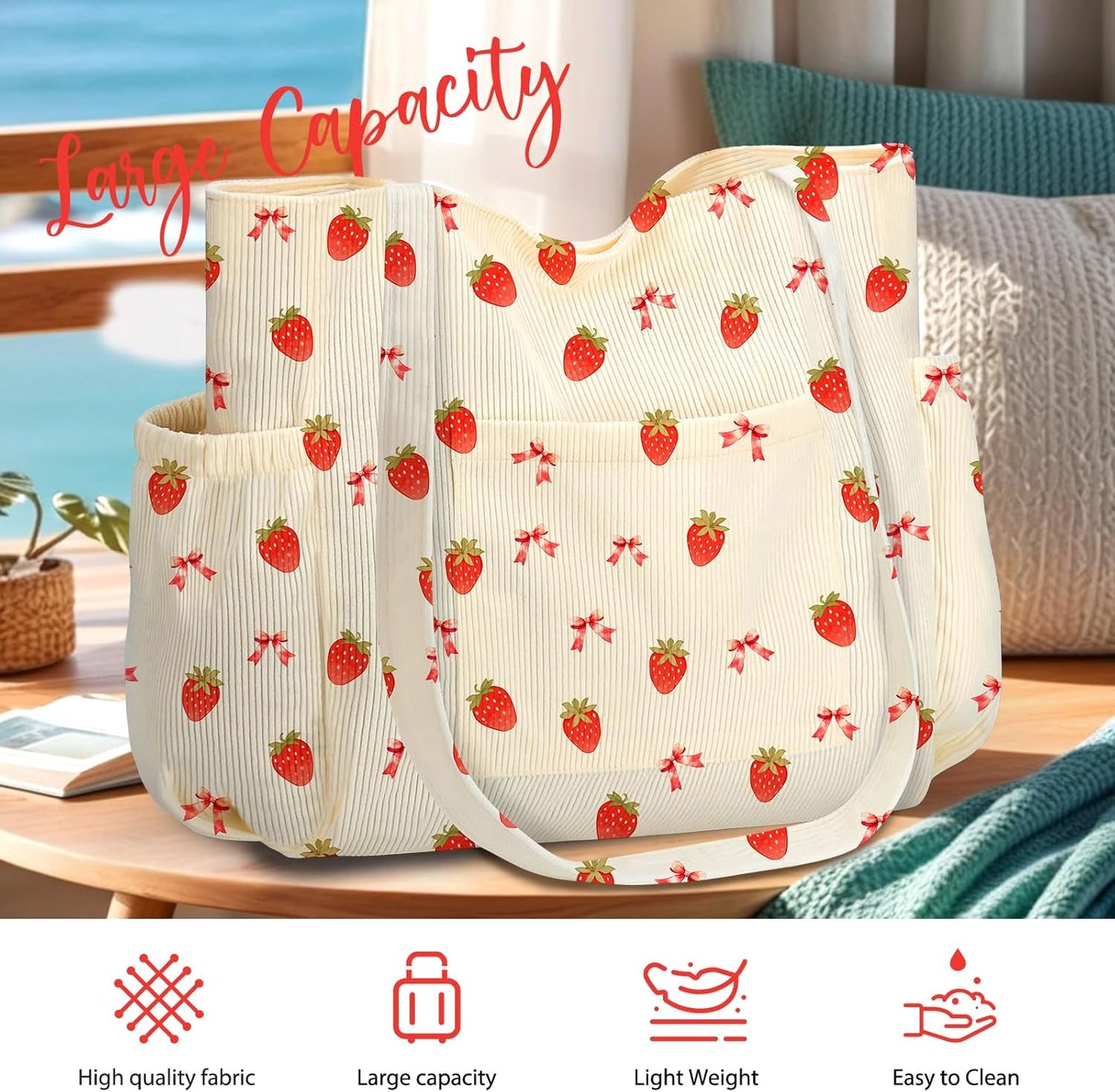 Corduroy Tote Bag for Women,Large Capacity Cute Tote Bags With 6 Pockets,Crossbody Shoulder Handbag