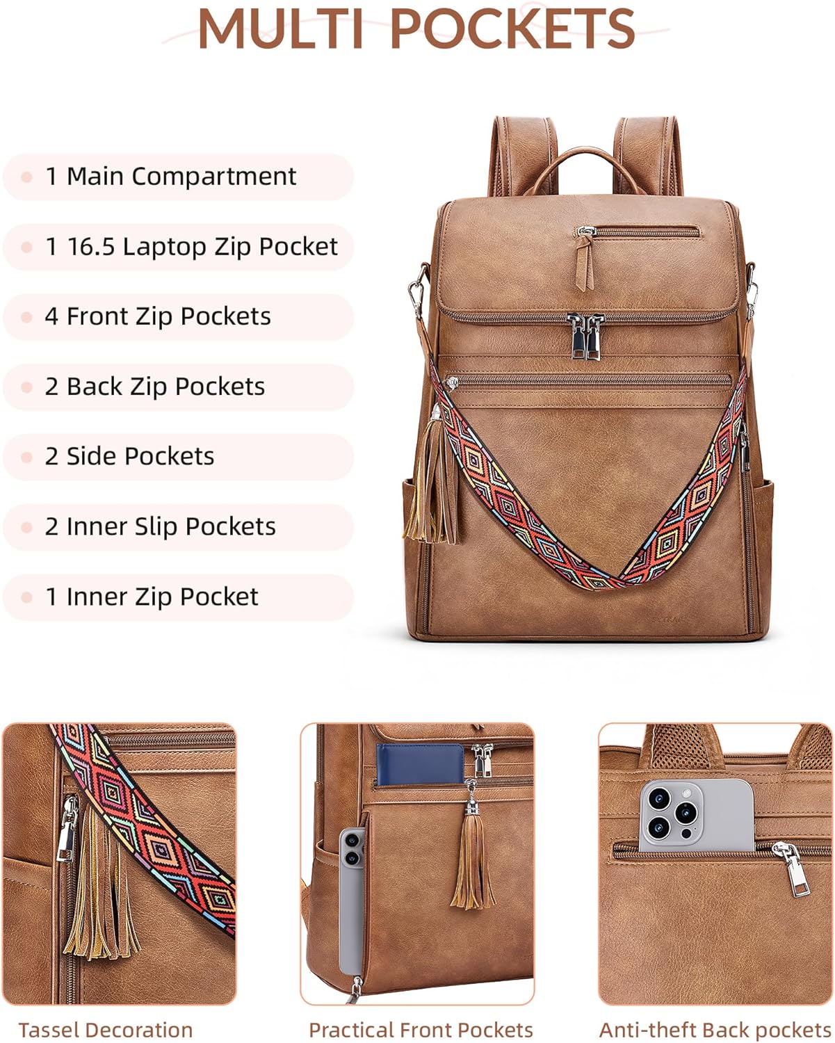 Leather Laptop Backpack for Women Designer Laptop Bag, 16.5 inch Travel Computer Backpacks Purse with Tassel for Work Business with Satchel Purse Brown