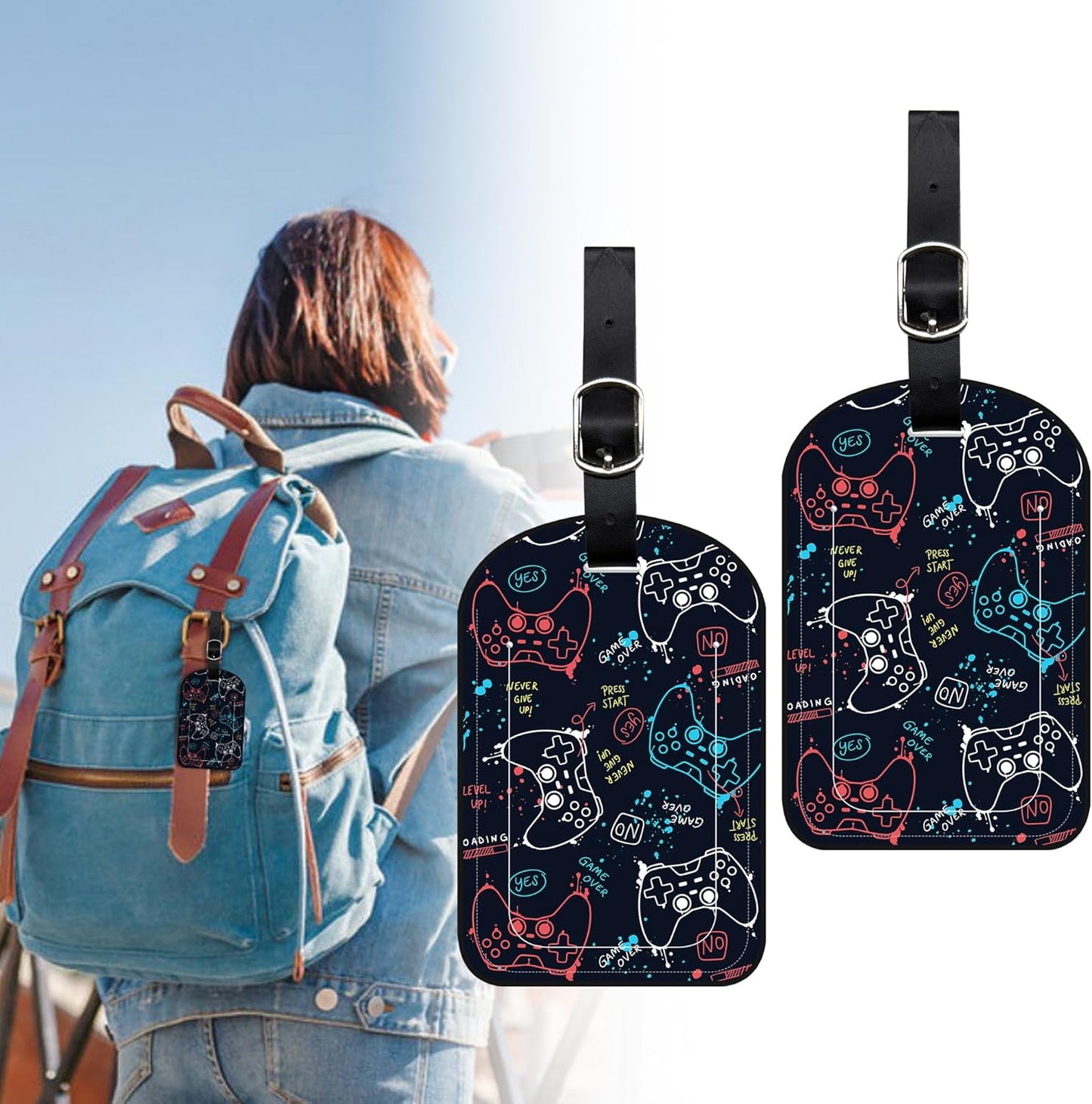 2 Pack Luggage Tags Game Controller PU Leather Baggage Handbag Suitcase Tags with Secure Strap Privacy Cover ID Labels,Business Travel Baggage Tag Identifier