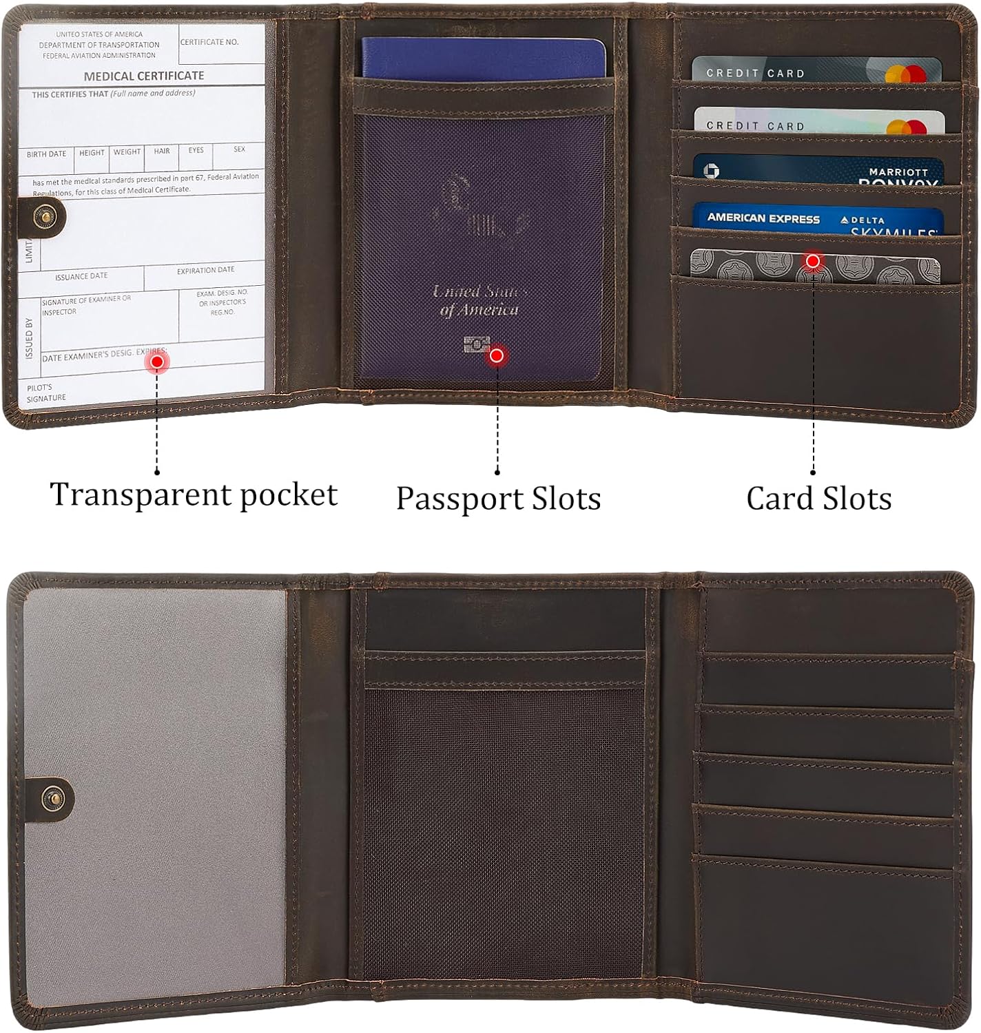 Polare Full Grain Leather Pilot Wallet Passport Holder RFID Blocking Trifold Wallet for Men Travel Cover Document Organizer for Aviation Professionals (Dark Brown with AirTag Slot)
