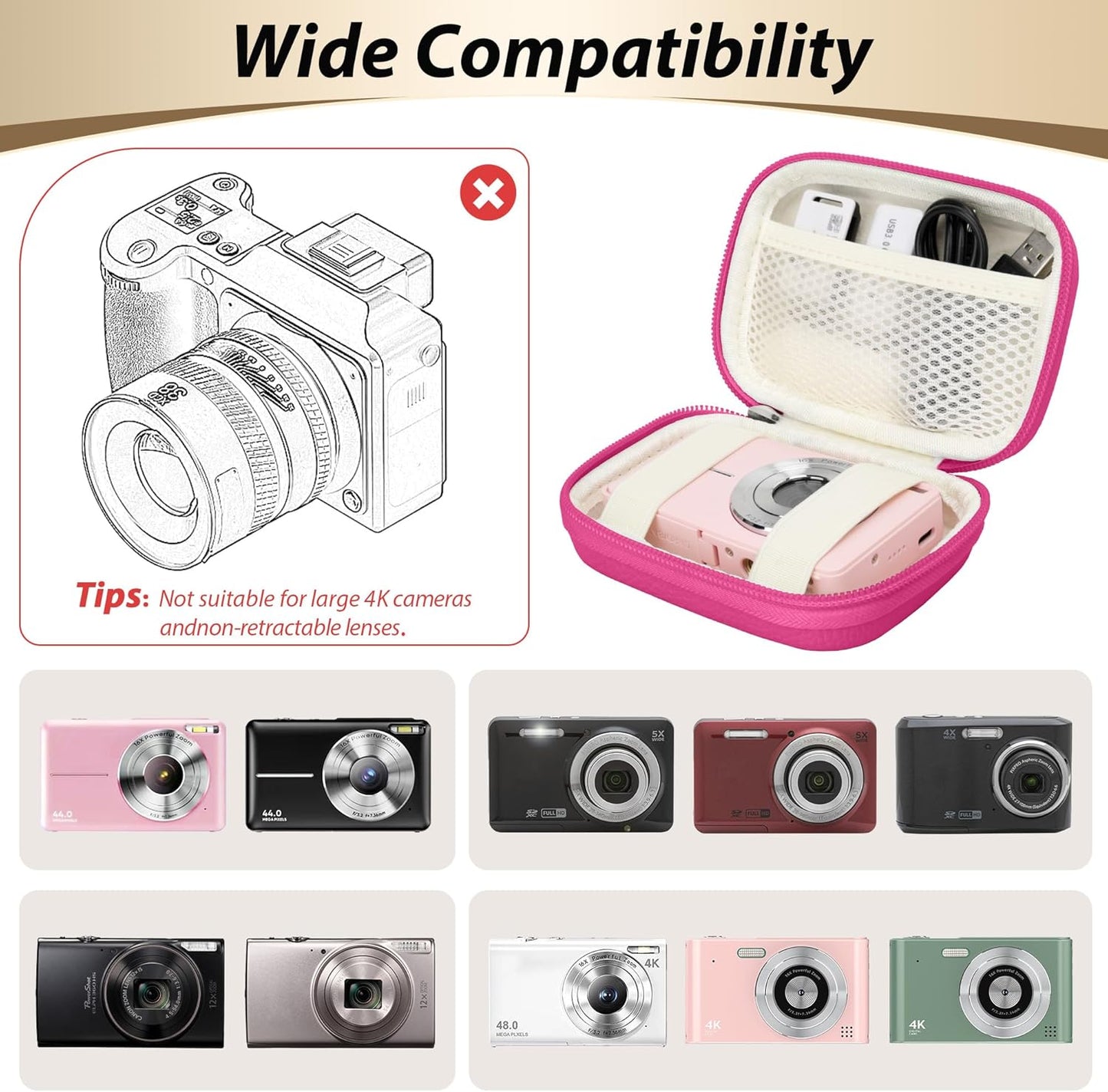 Digital Camera Case for CAMKORY, KODAK PIXPRO FZ45/FZ55, Canon IXUS 285 HS, Lecran, Small Travel Compact Camera Holder with Mesh Pocket for Accessories SD Card (Rose Pink)