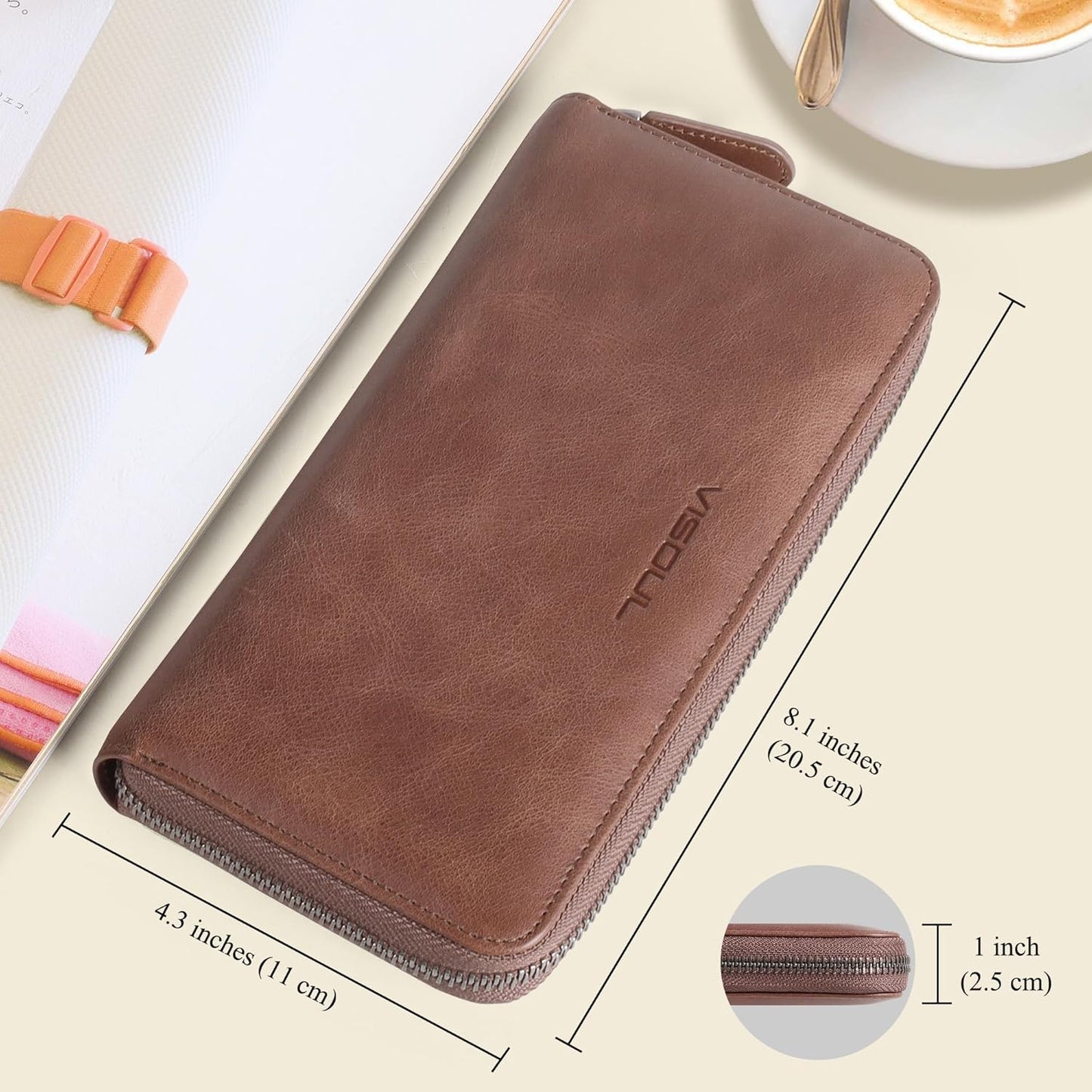 VISOUL Leather Long Zipper Pouch Wallet for Men and Women with RFID Blocking, Large Clutch Cash Long Wallet with Zipper (Brown)